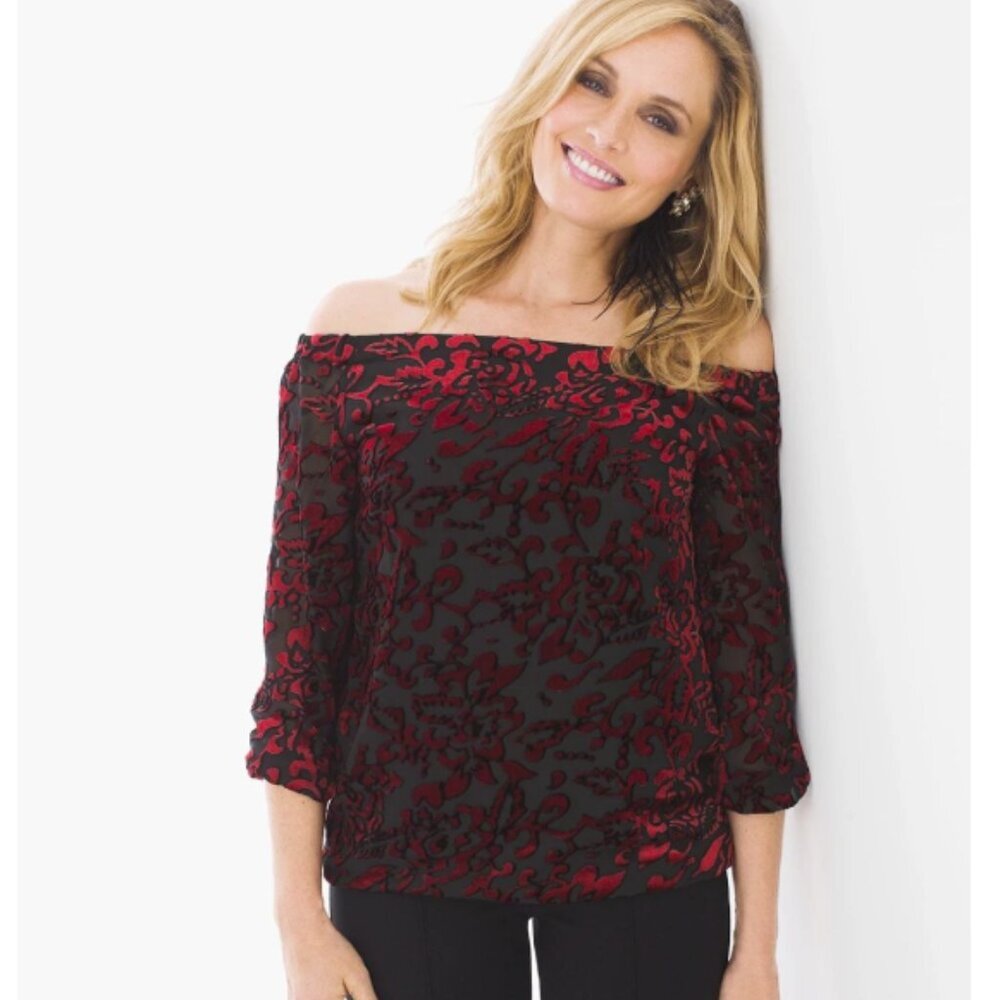 Chico's size Medium/1 Red Black Velvet Burnt Out Off Shoulder Blouse Romantic